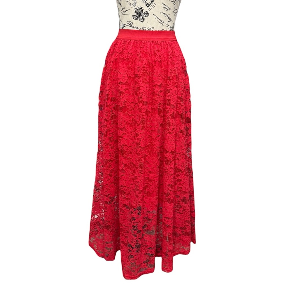 Laffaire Los Angeles Elegant Red Floral Lace Maxi Skirt